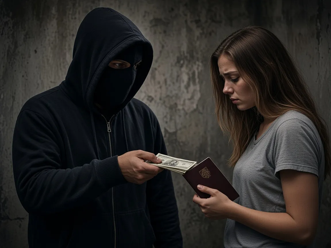 Замаскована людина простягає гроші дівчині, яка тримає паспорт